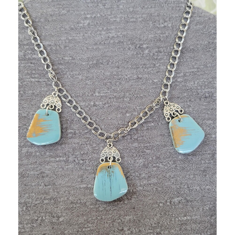 MCM Mosaic Tile Aqua and Gold Three Piece Necklace